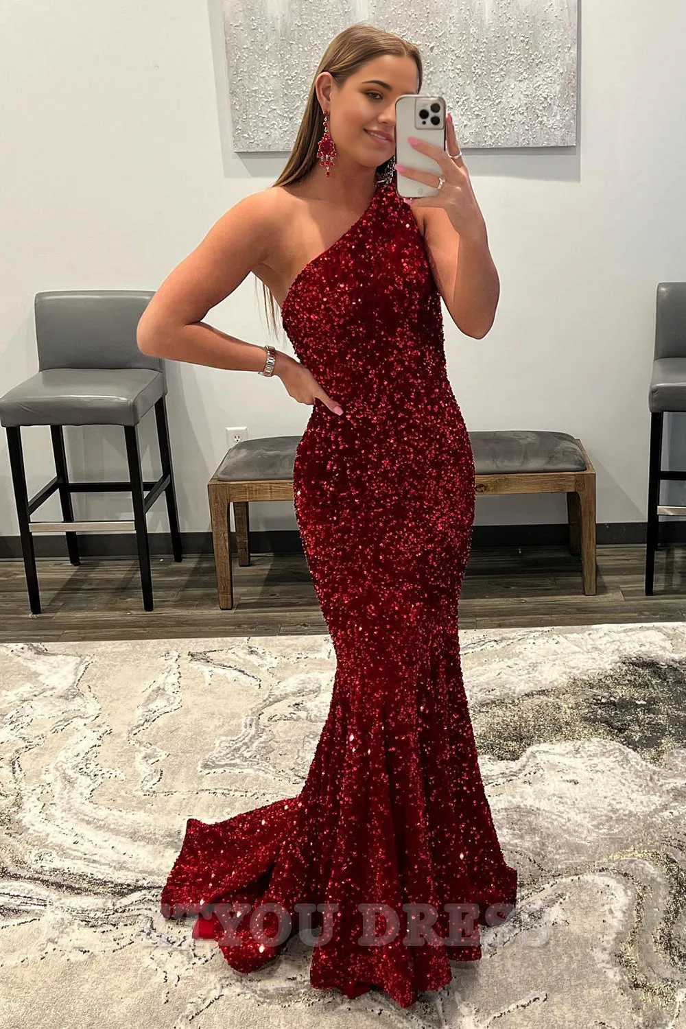 Mermaid One Shoulder Sequins Coral Long formal dresses evening gown Prom Dress Homecoming Dress