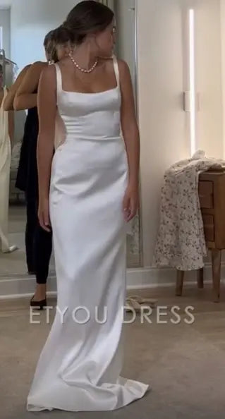 Sheath Elegant Satin White Long formal dresses Bridesmaid Dresses evening gown Prom Dress