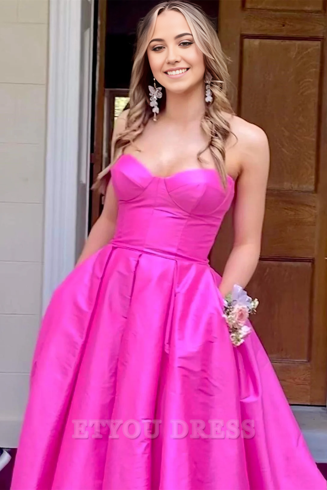 A-line Strapless Satin Sweeping Fuchsia Long formal dresses Bridesmaid Dresses evening gown Prom Dress