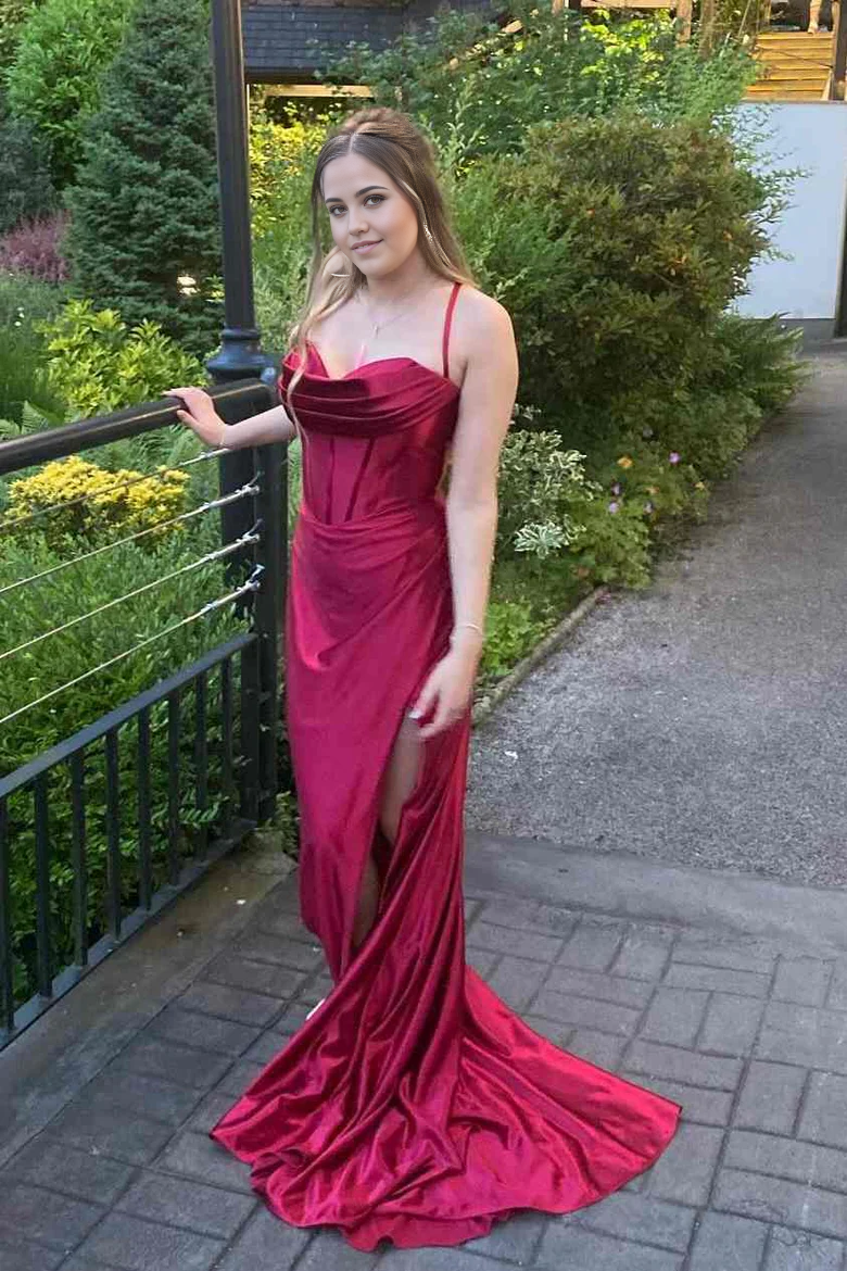 Mermaid Spaghetti Straps Pleated Satin Sleeveless Long formal dresses evening gown Prom Dress