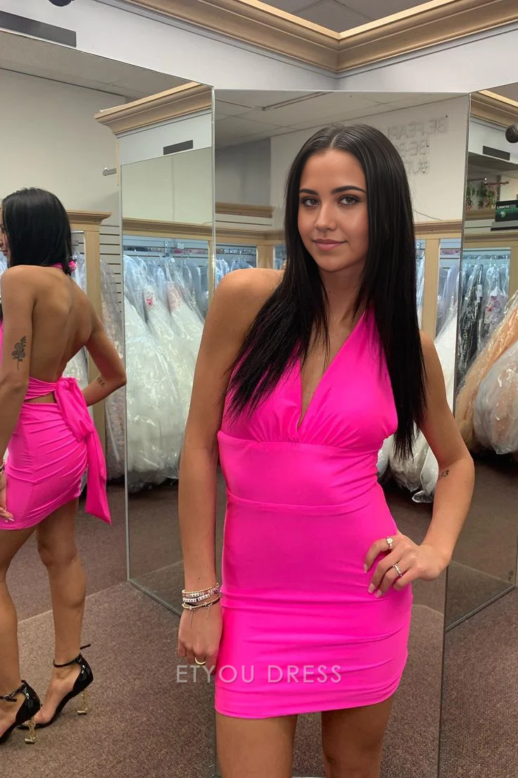 Sheath V Neck Short Hot Pink Homecoming Dress formal dresses Bridesmaid Dresses evening gown Prom Dress