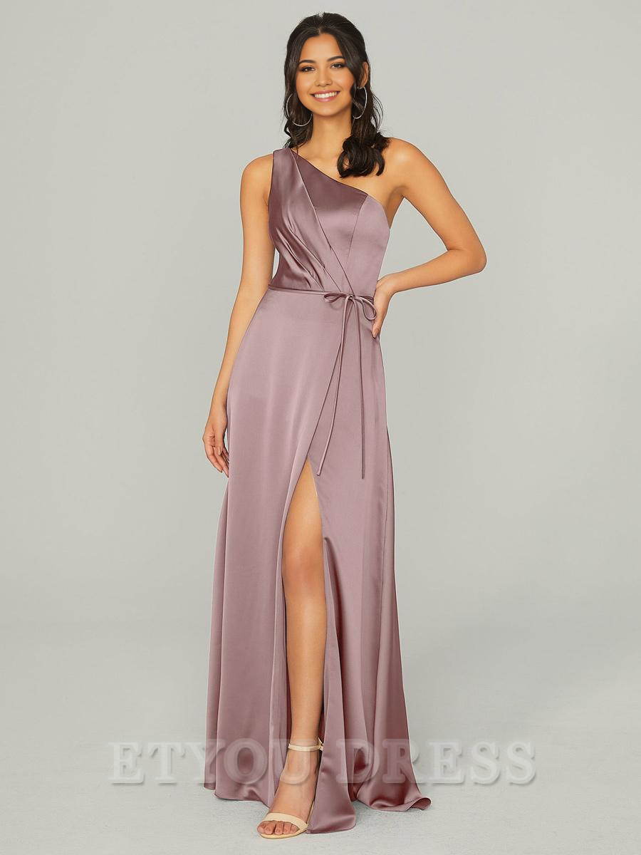 A-Line One Shoulder Floor-Length Satin formal dresses evening gown Prom Dress With Side Slit