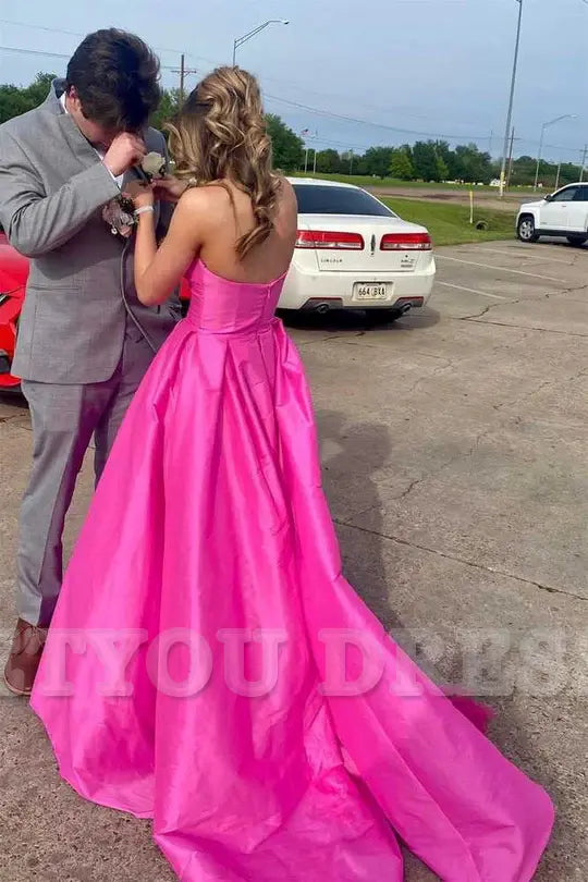 A-line Strapless Satin Sweeping Fuchsia Long formal dresses Bridesmaid Dresses evening gown Prom Dress