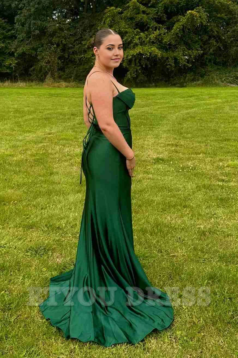 Mermaid Spaghetti Straps Pleated Satin Sleeveless Long formal dresses evening gown Prom Dress