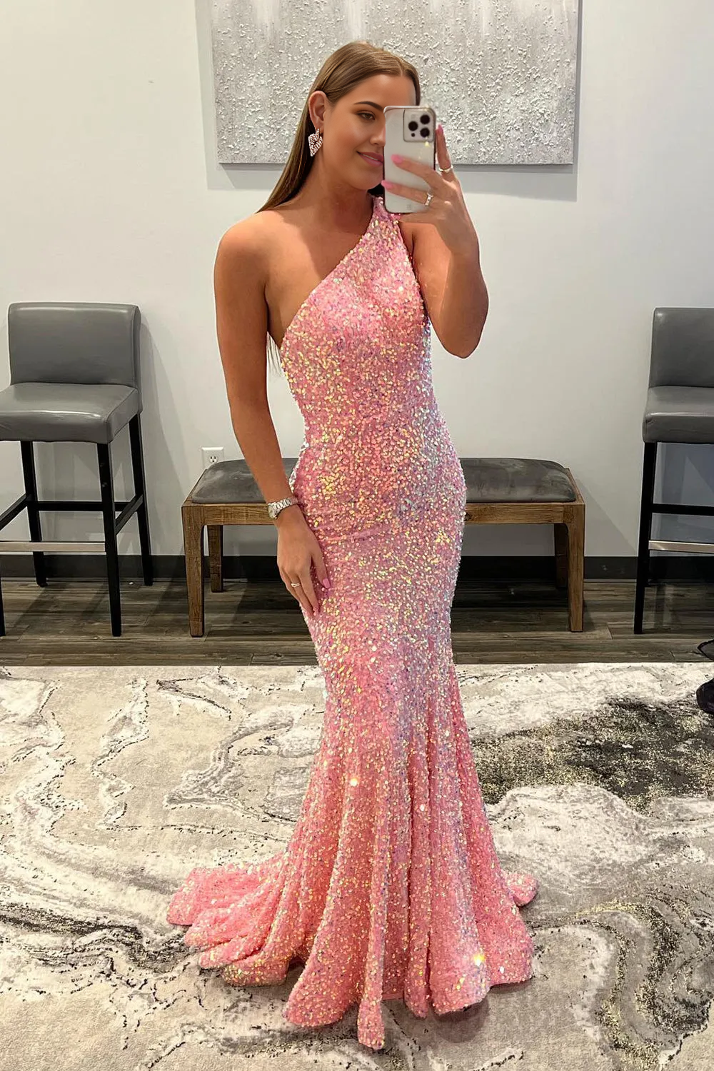 Mermaid One Shoulder Sequins Coral Long formal dresses evening gown Prom Dress Homecoming Dress
