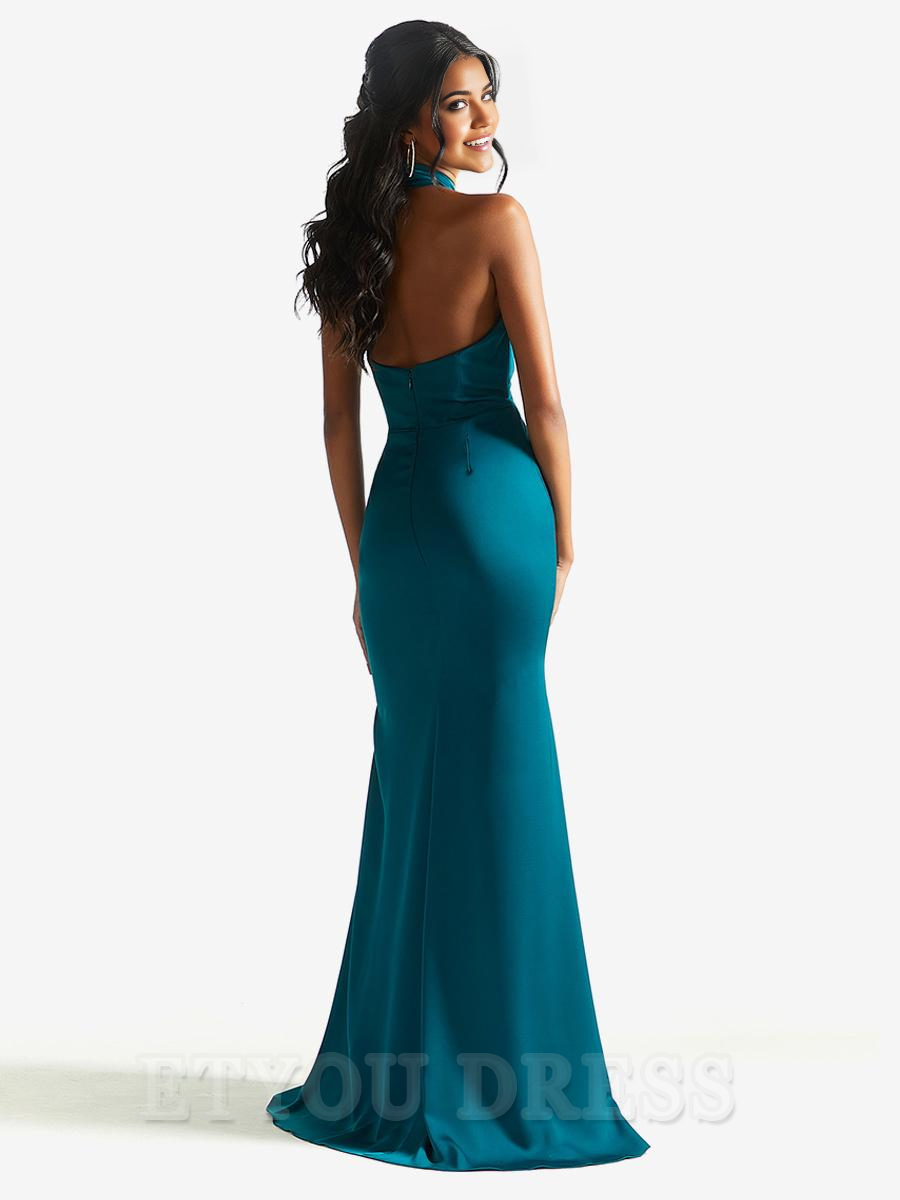 Sheath Halter Floor-Length Satin formal dresses evening gown Prom Dress With Side Slit