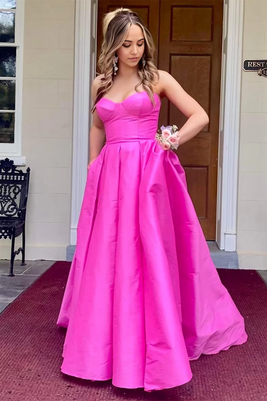 A-line Strapless Satin Sweeping Fuchsia Long formal dresses Bridesmaid Dresses evening gown Prom Dress