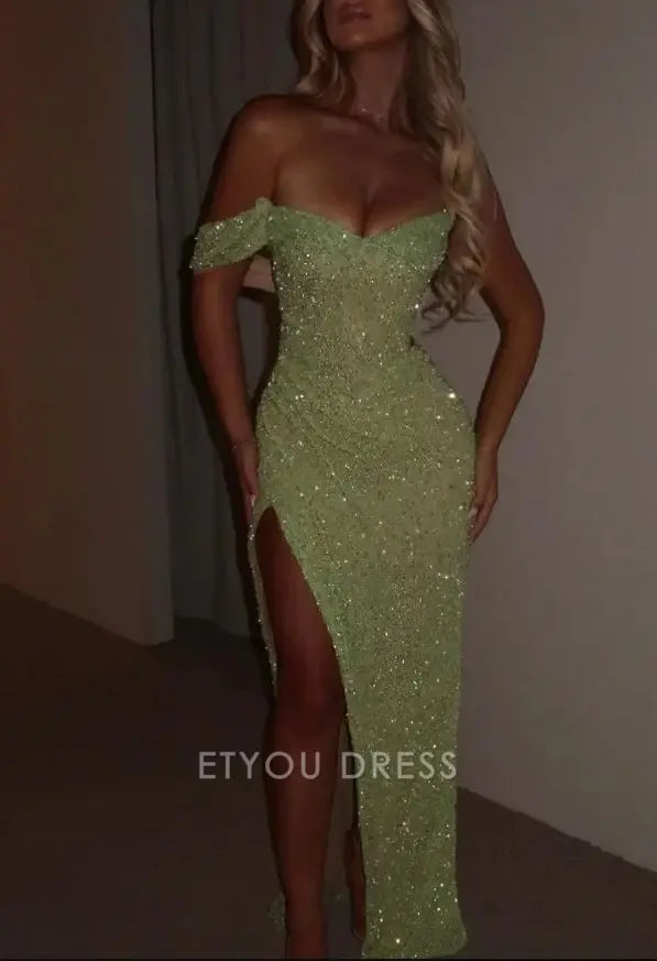 Mermaid Off The Shoulder Sparkly Sage Green Sequins Split formal dresses Bridesmaid Dresses evening gown Prom Dress