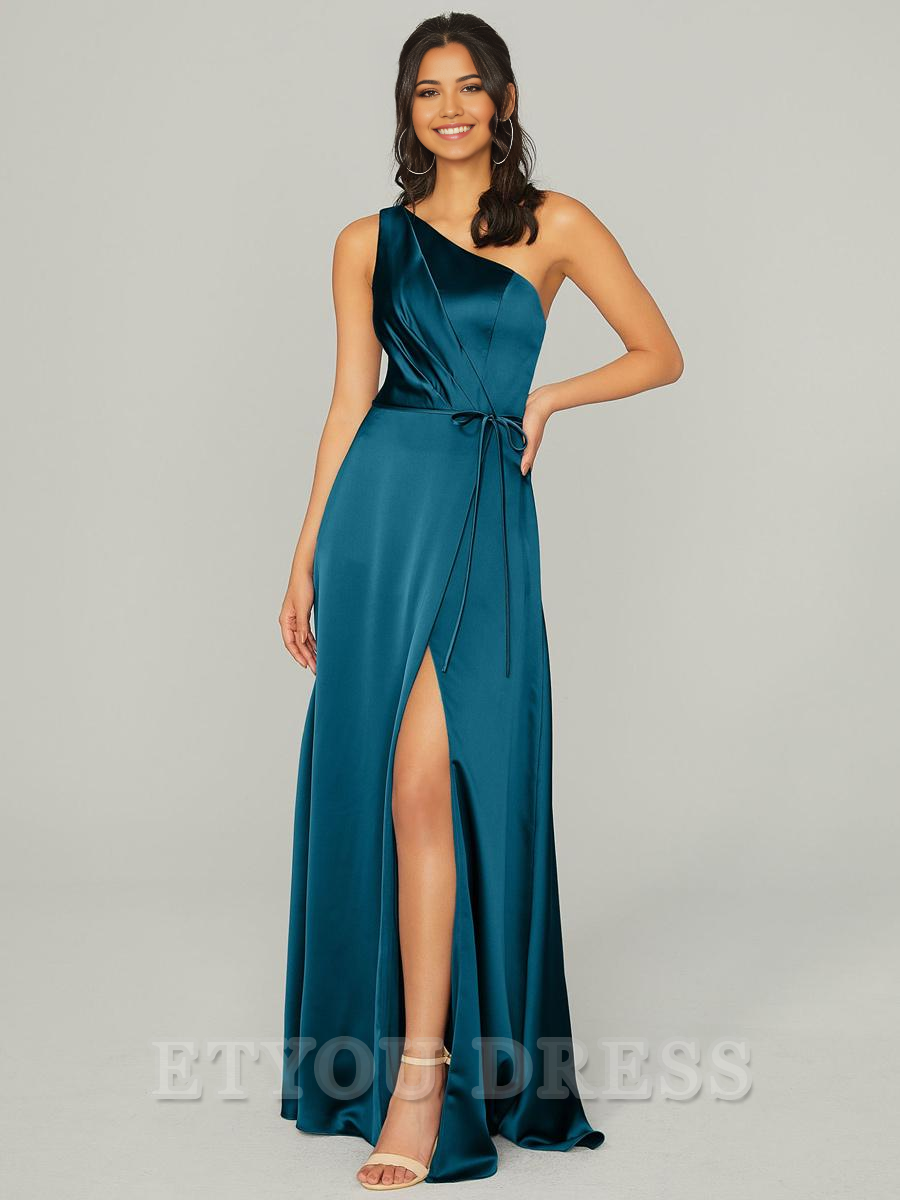 A-Line One Shoulder Floor-Length Satin formal dresses evening gown Prom Dress With Side Slit