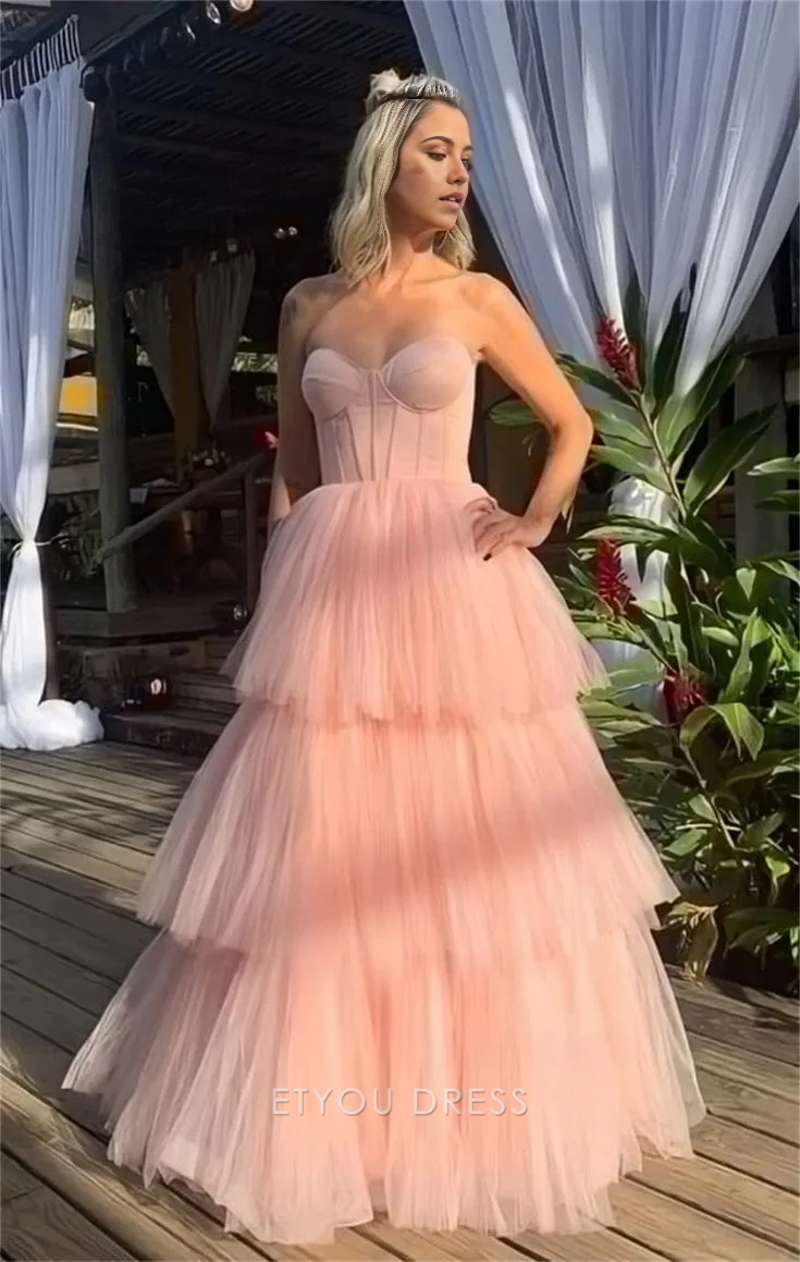 A Line Sweetheart Tiered Pink Long formal dresses Bridesmaid Dresses evening gown Prom Dress