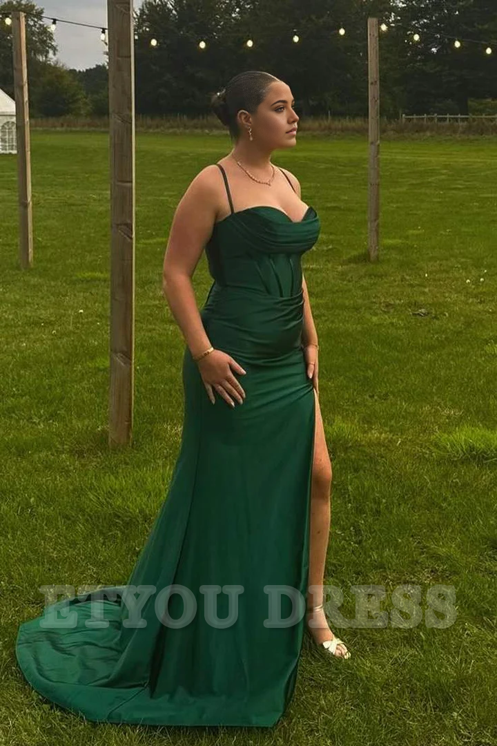 Mermaid Spaghetti Straps Pleated Satin Sleeveless Long formal dresses evening gown Prom Dress