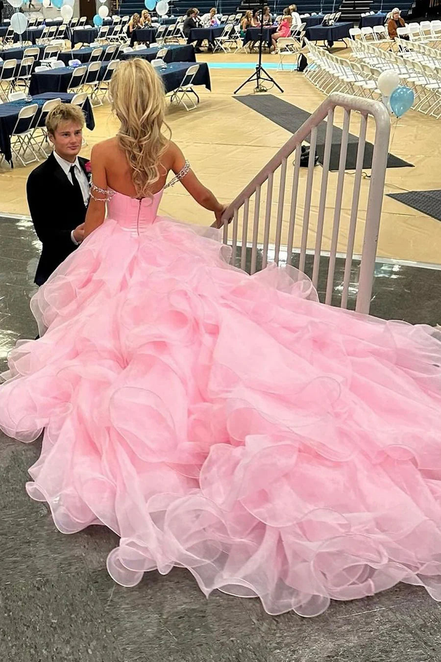 A-line Off the Shoulder Tulle Pink Gorgeous Ball Gown evening gown formal dresses Prom Dresses