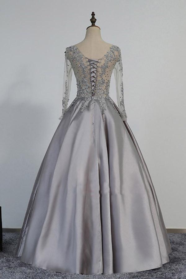 Beading V Neck Long Sleeves Appliques Long Prom Dresses