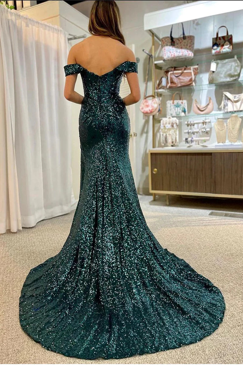 Mermaid Off the Shoulder Cute Dark Green Sequins Long Prom Dresses