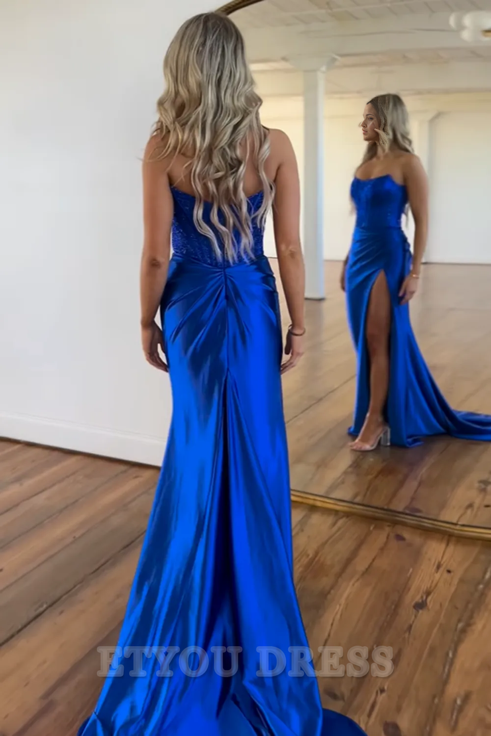 Mermaid Strapless Glitter Royal Blue Satin Long Corset formal dresses evening gown Prom Dress Homecoming Dress with Beading