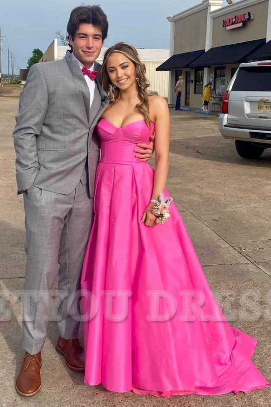 A-line Strapless Satin Sweeping Fuchsia Long formal dresses Bridesmaid Dresses evening gown Prom Dress