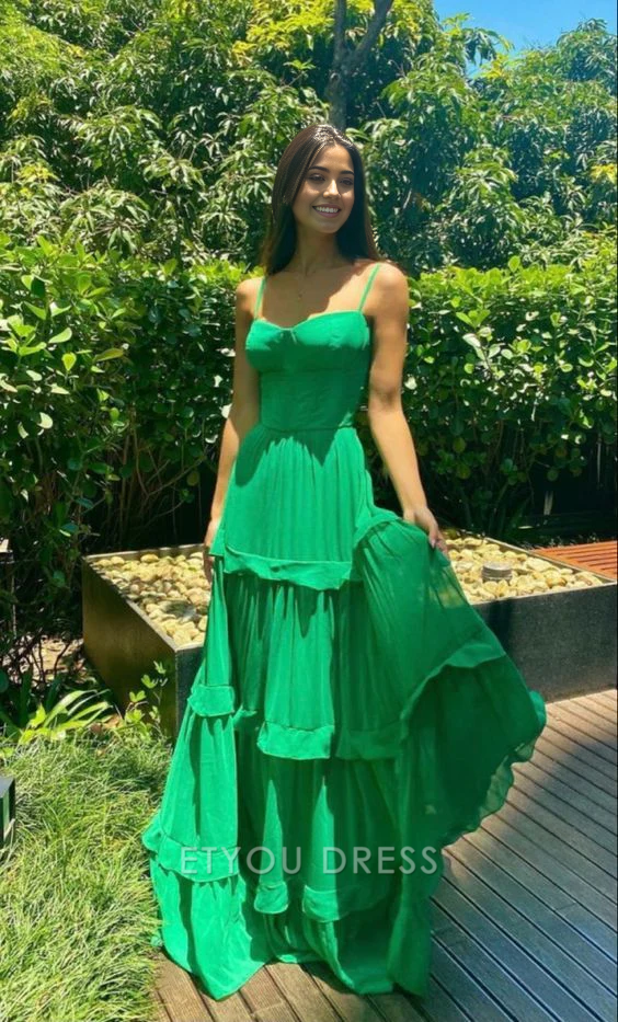 A Line Spaghetti Straps Ruffle Green Long formal dresses Bridesmaid Dresses evening gown Prom Dress