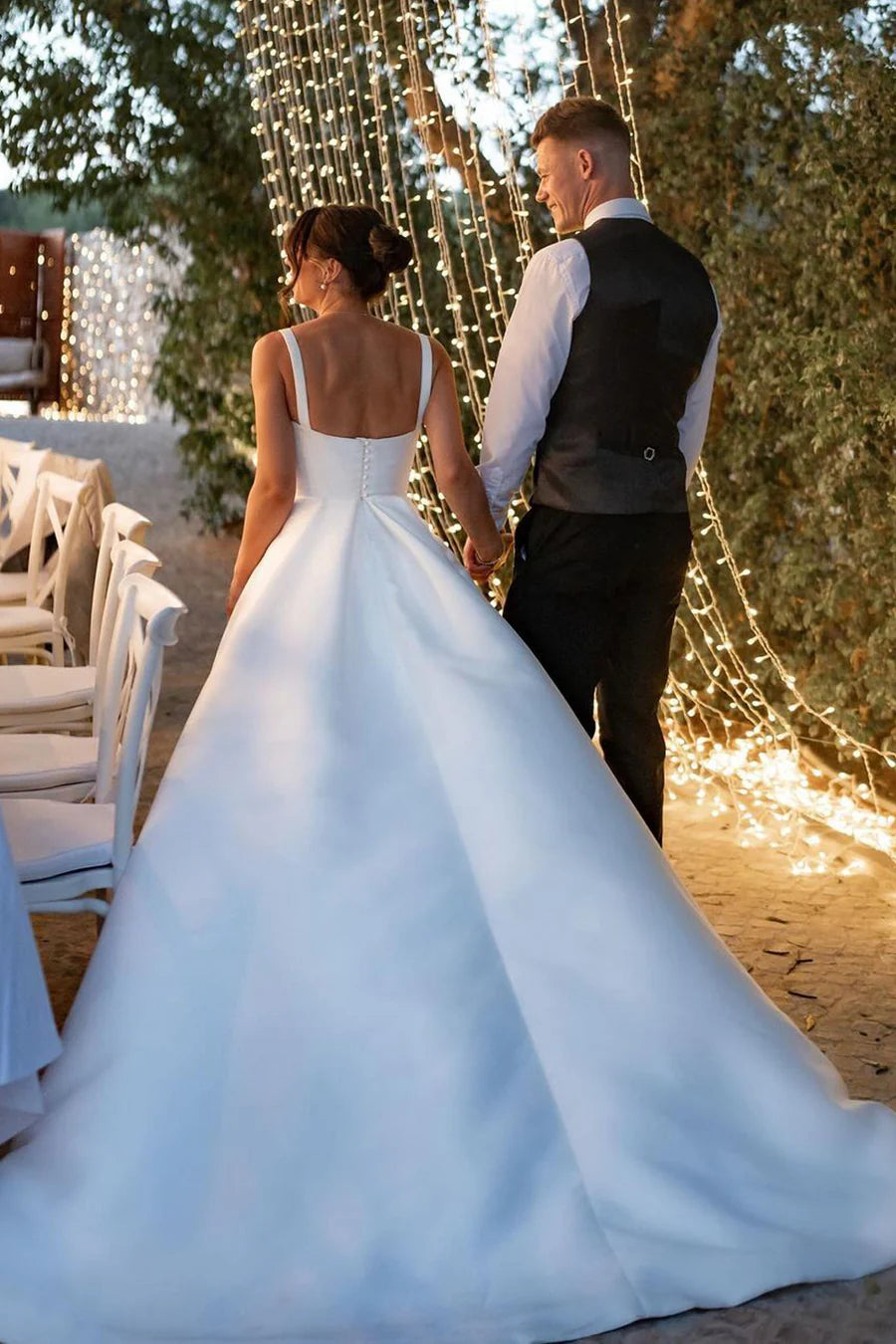 A Line Square Neck Satin formal dress evening gown Long Prom Dresses Wedding Dresses with Slit