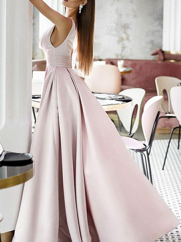 A-Line V-Neck Satin Sleeveless Floor Length Pleated formal dresses Bridesmaid Dresses evening gown Prom Dress