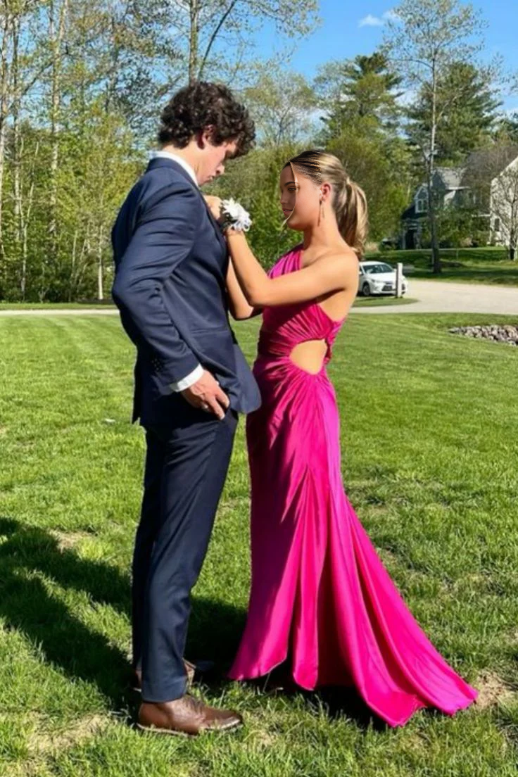 Mermaid One Shoulder Ruched Fuchsia Long formal dresses Bridesmaid Dresses evening gown Prom Dress