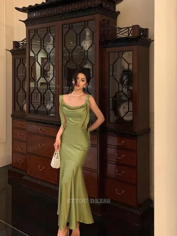 Mermaid Straps Green Satin Midi Length formal dresses Bridesmaid Dresses evening gown Prom Dress
