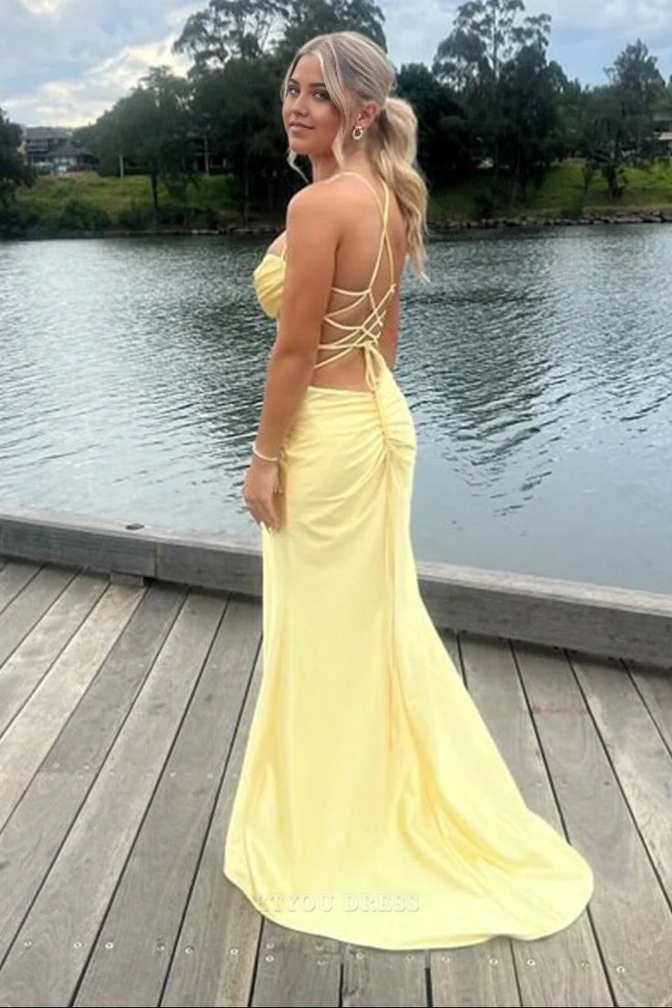 Mermaid Sweetheart Spaghetti Straps Yellow Satin Long formal dresses Bridesmaid Dresses evening gown Prom Dress With Slit