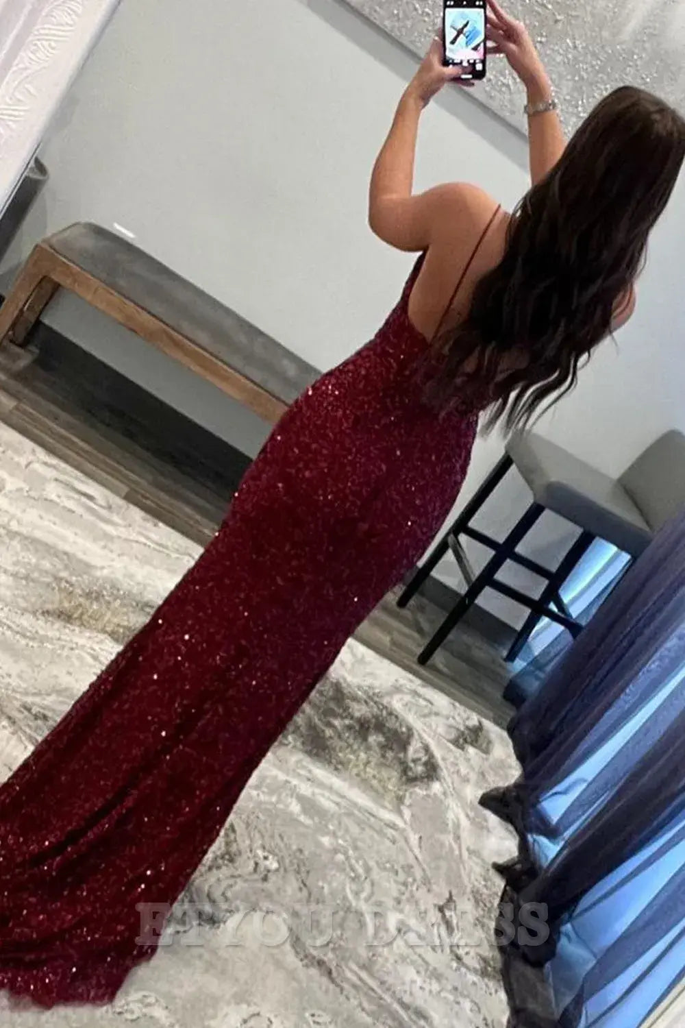 Sheath Spaghetti Straps Sequins Dark Red Long formal dresses evening gown Prom Dress Homecoming Dress with Split Front