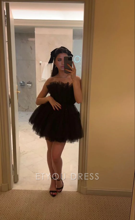 A-line Strapless Tulle Black formal dresses Bridesmaid Dresses evening gown Prom Dress