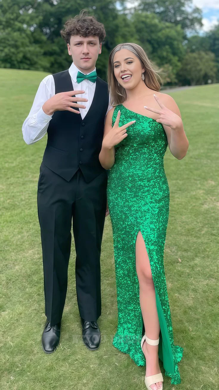 Mermaid One Shoulder Sequin formal dresses Bridesmaid Dresses evening gown Prom Dress With Side Slit