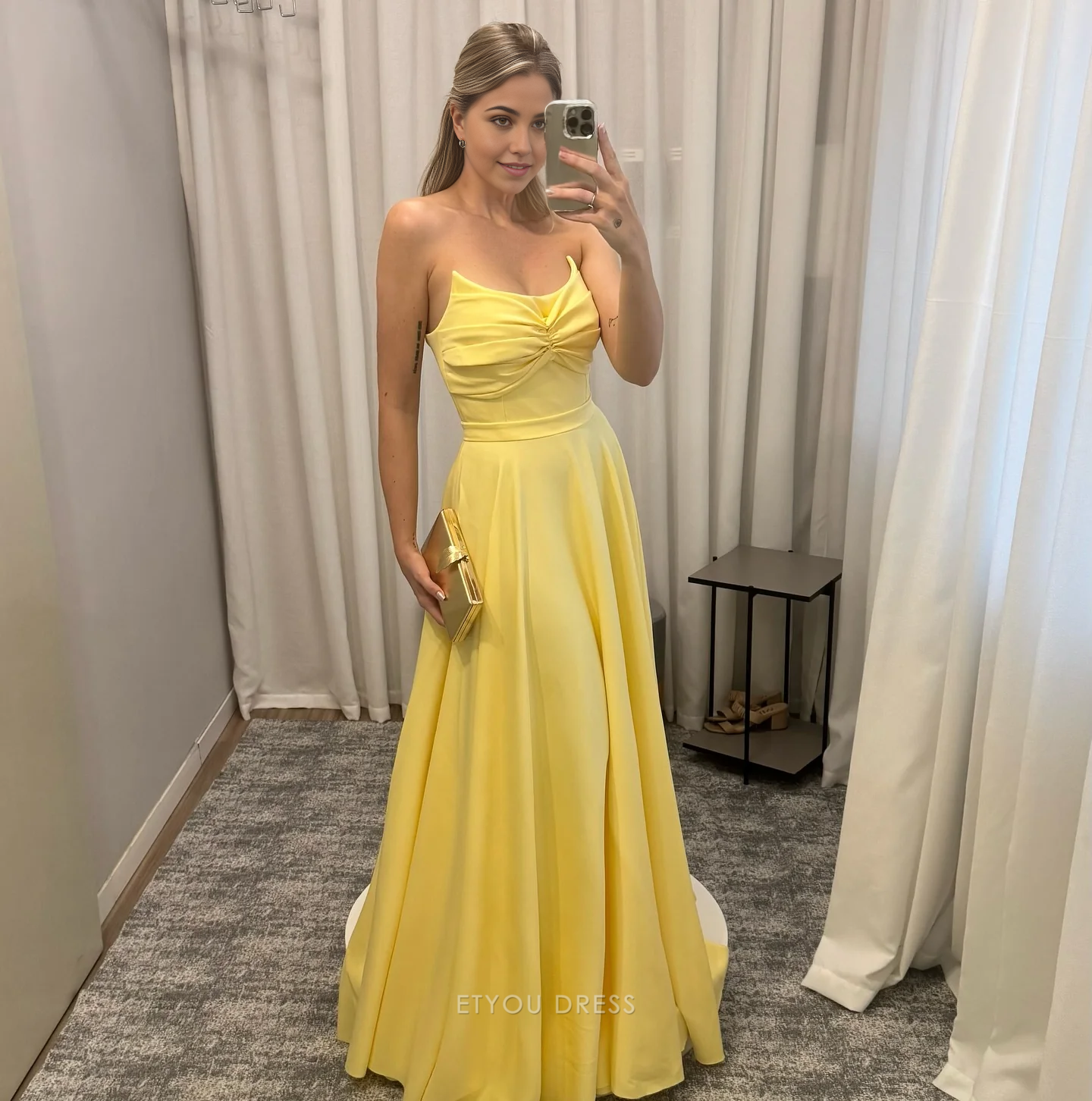 A Line Strapless Satin Yellow formal dresses Bridesmaid Dresses evening gown Prom Dress