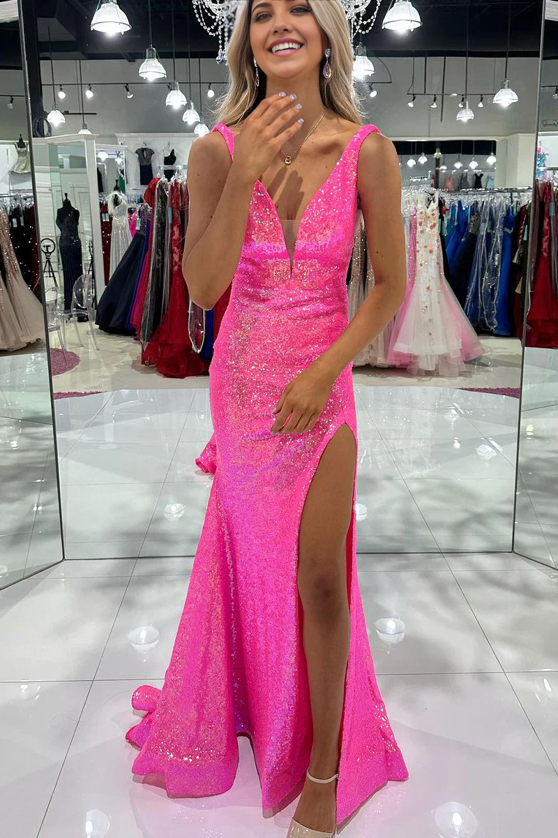Mermaid V Neck Sparkly Hot Pink Sequins Long Prom Dress with Slit