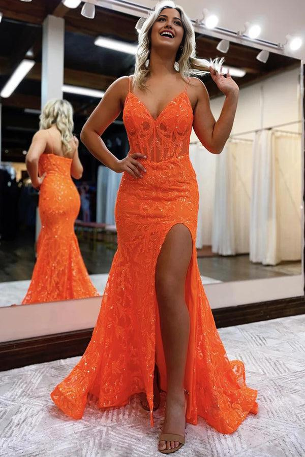 Mermaid Gorgeous Orange Sequins Lace Long Prom Dresses with Side Slit