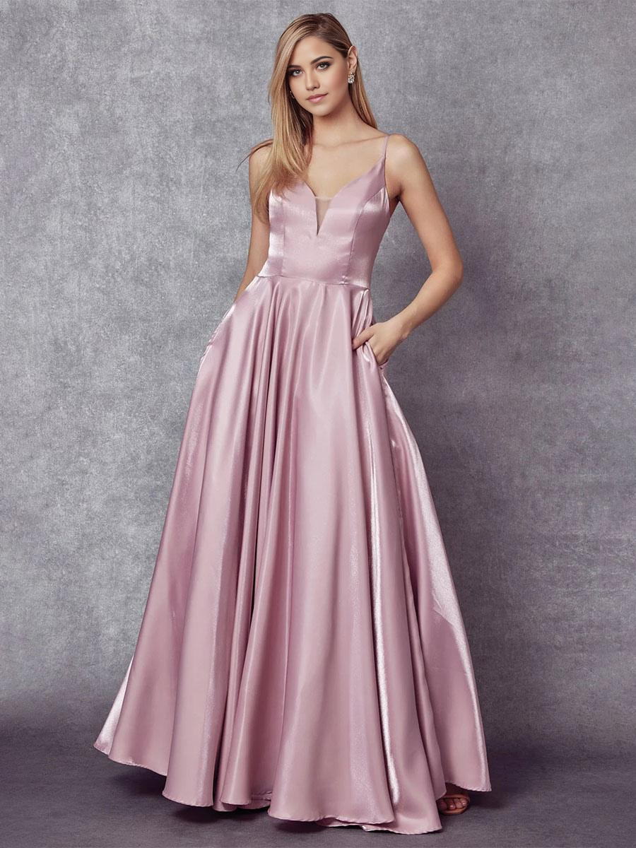 A-Line Sleeveless V-Neck Satin formal dress evening gown Wedding Guest Dresses Prom Dress With Pockets