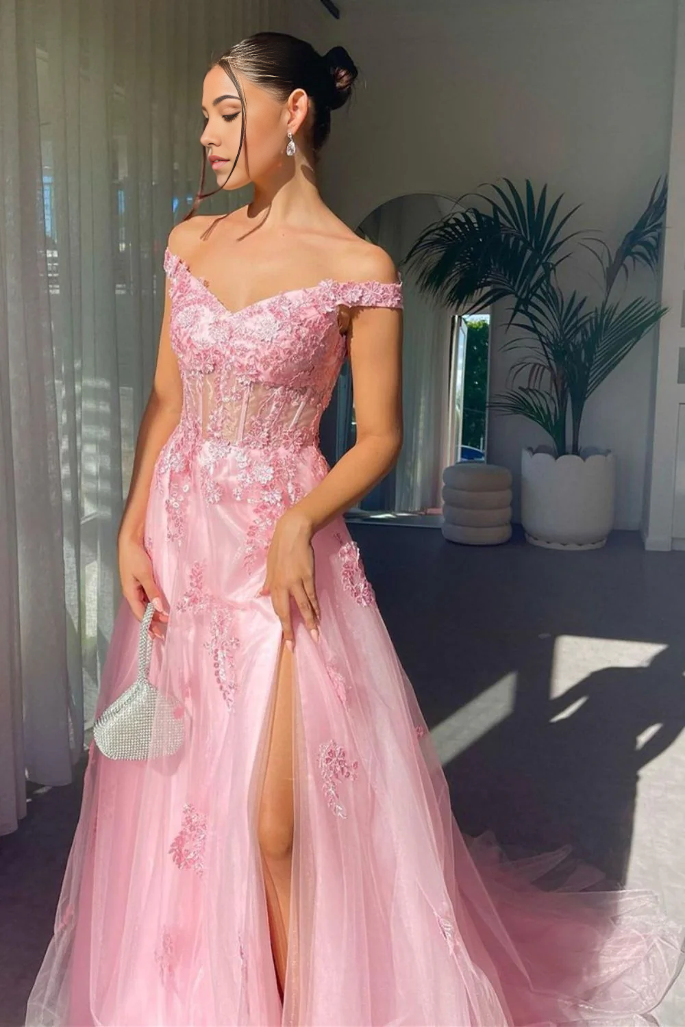 A Line Off the Shoulder Pink Charming Long Prom Dress with Appliques