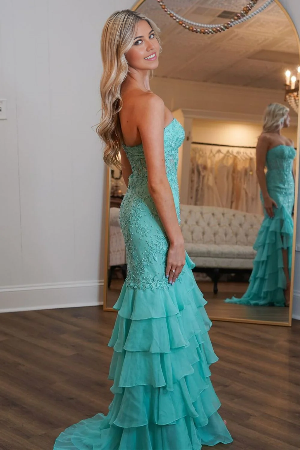Mermaid Strapless Lace Top Mint Green Long Tiered formal dresses evening dress Prom Dress