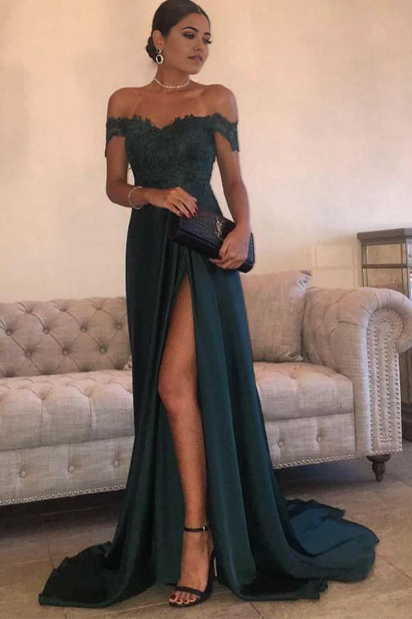 A-line Off-the-shoulder Dark Green Evening Dresses Prom Dresses With Split