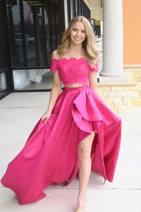 Two Piece Off-the-Shoulder Short Sleeves Fuchsia formal dresses evening gown Prom Dress