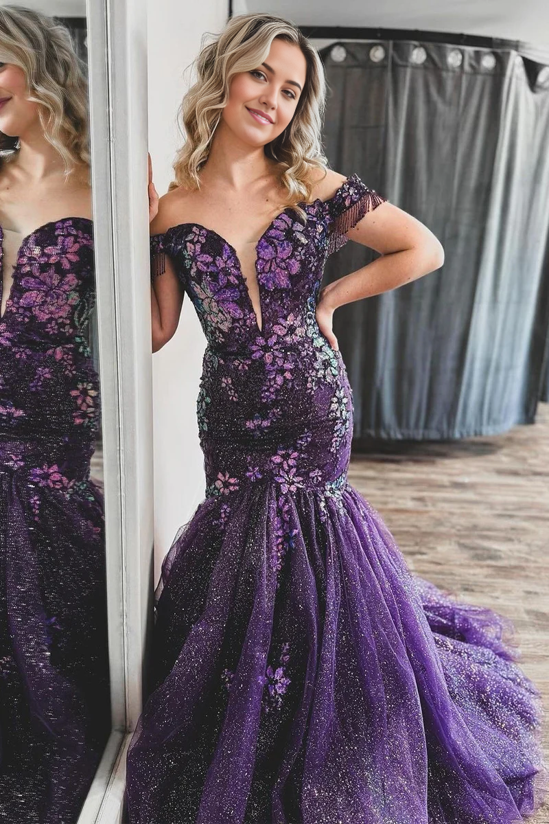 Mermaid Off the Shoulder Sparkly Purple Sequins Lace Long Prom Dress