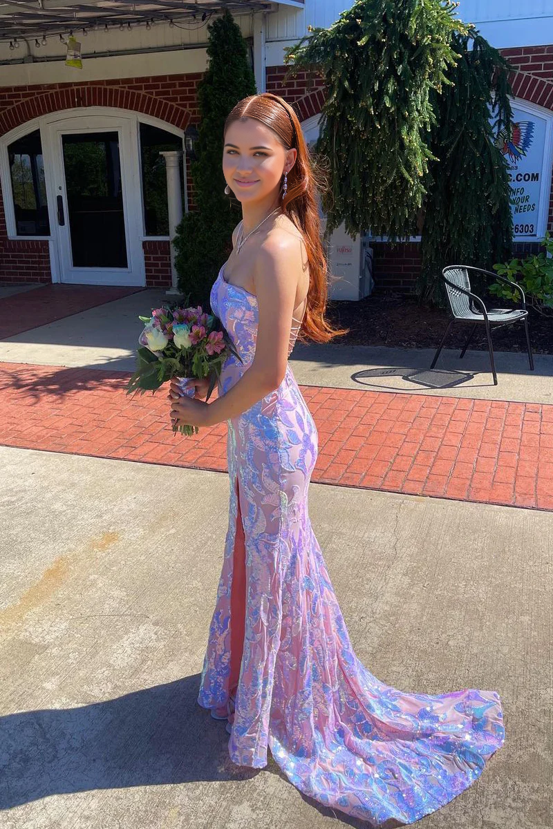 Mermaid One Shoulder Cute Lavender Sequins Lace Prom Dresses with Slit