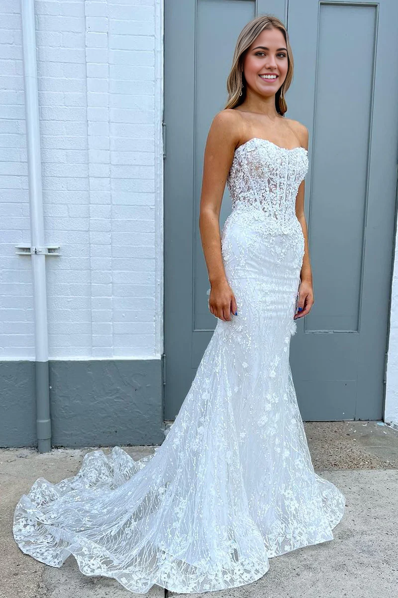 Mermaid Charming Sparkly Sweetheart White Sequins Long Prom Dresses