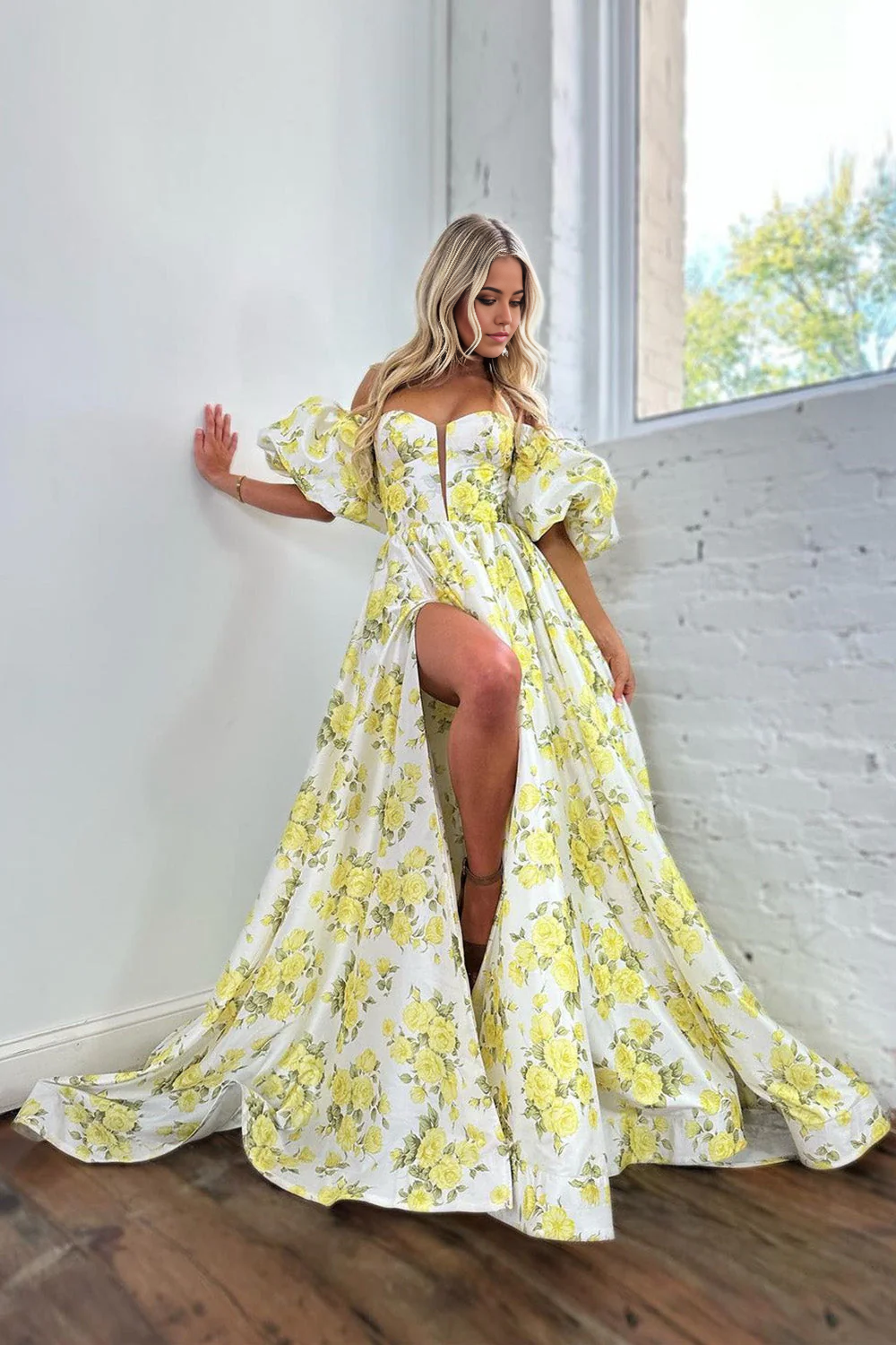 A-Line Off The Shoulder Puff Sleeves Yellow Long formal dresses evening dress Prom Dresses With Slit