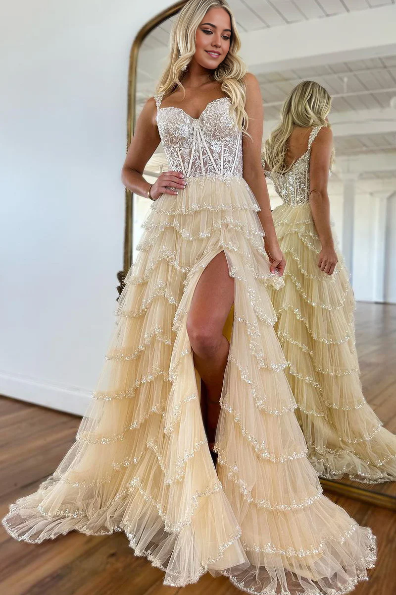 A Line Sweetheat Champagne Tulle Tiered Prom Dress with Beading