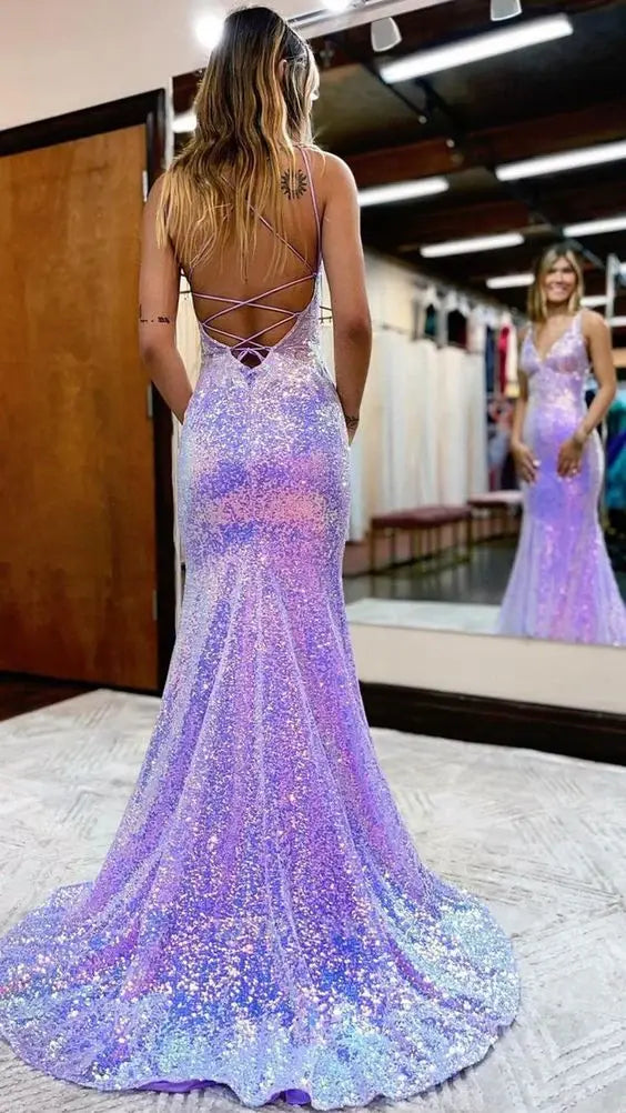Mermaid V Neck Sequins Sparkly Backless formal dresses Bridesmaid Dresses evening gown Prom Dress