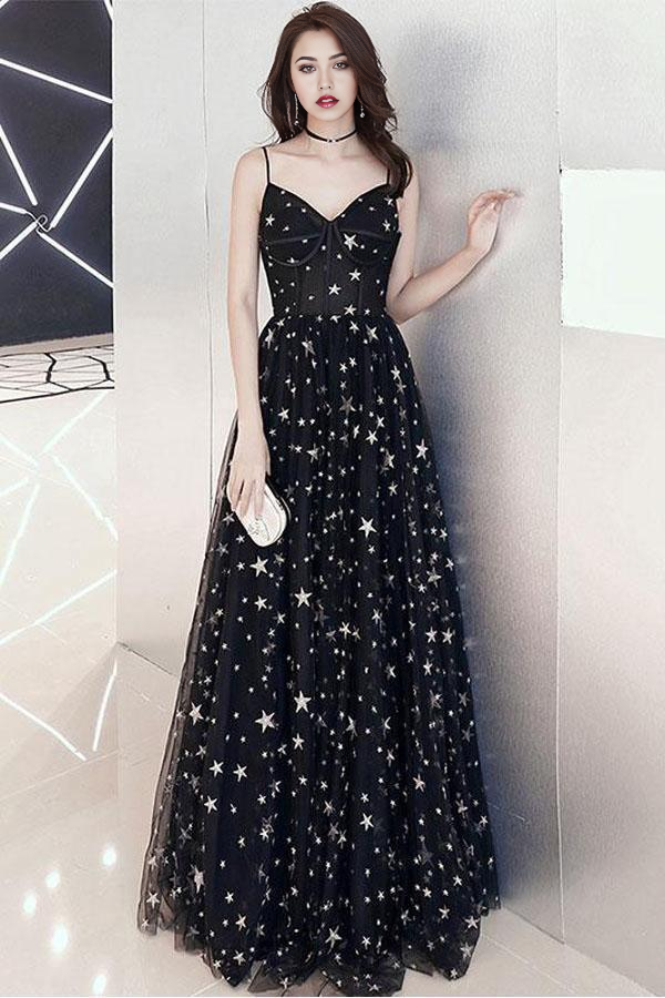 A-line Star Lace Beautiful Chic Black Long evening gown Prom Dress