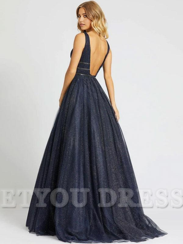A-line Princess V-Neck Sleeveless Backless Sequins Tulle formal dresses Bridesmaid Dresses evening gown Prom Dress
