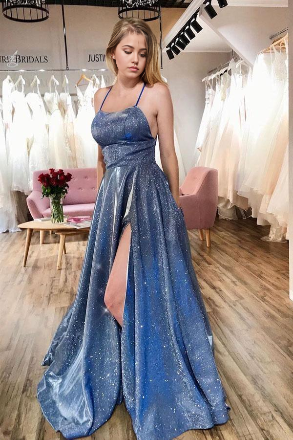 A-line V-neck Navy Blue Ball Gown Long Evening Dress Prom Dresses With Pocket Slits