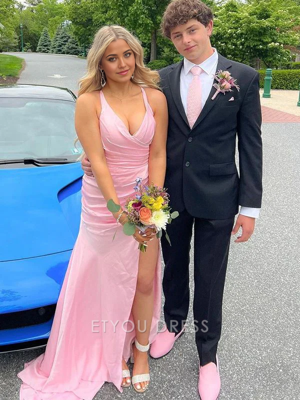 Mermaid V-Neck Pink Long formal dresses Bridesmaid Dresses evening gown Prom Dress With Slit