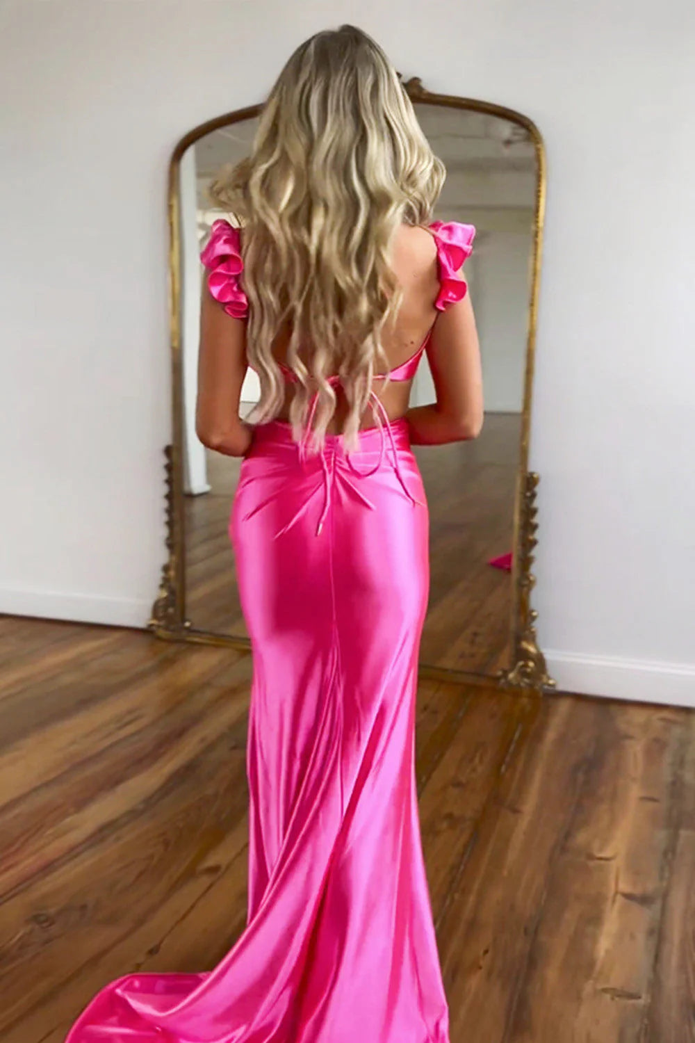 Mermaid Cutout Waist Hot Pink Satin Long Prom Dress With Flower