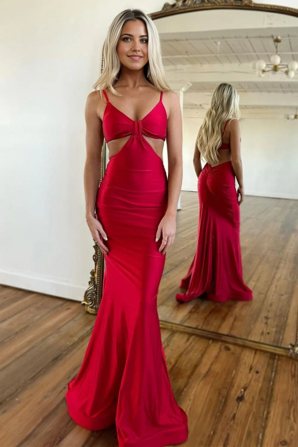Mermaid Stylish Spaghetti Straps Long Red Satin Prom Dress