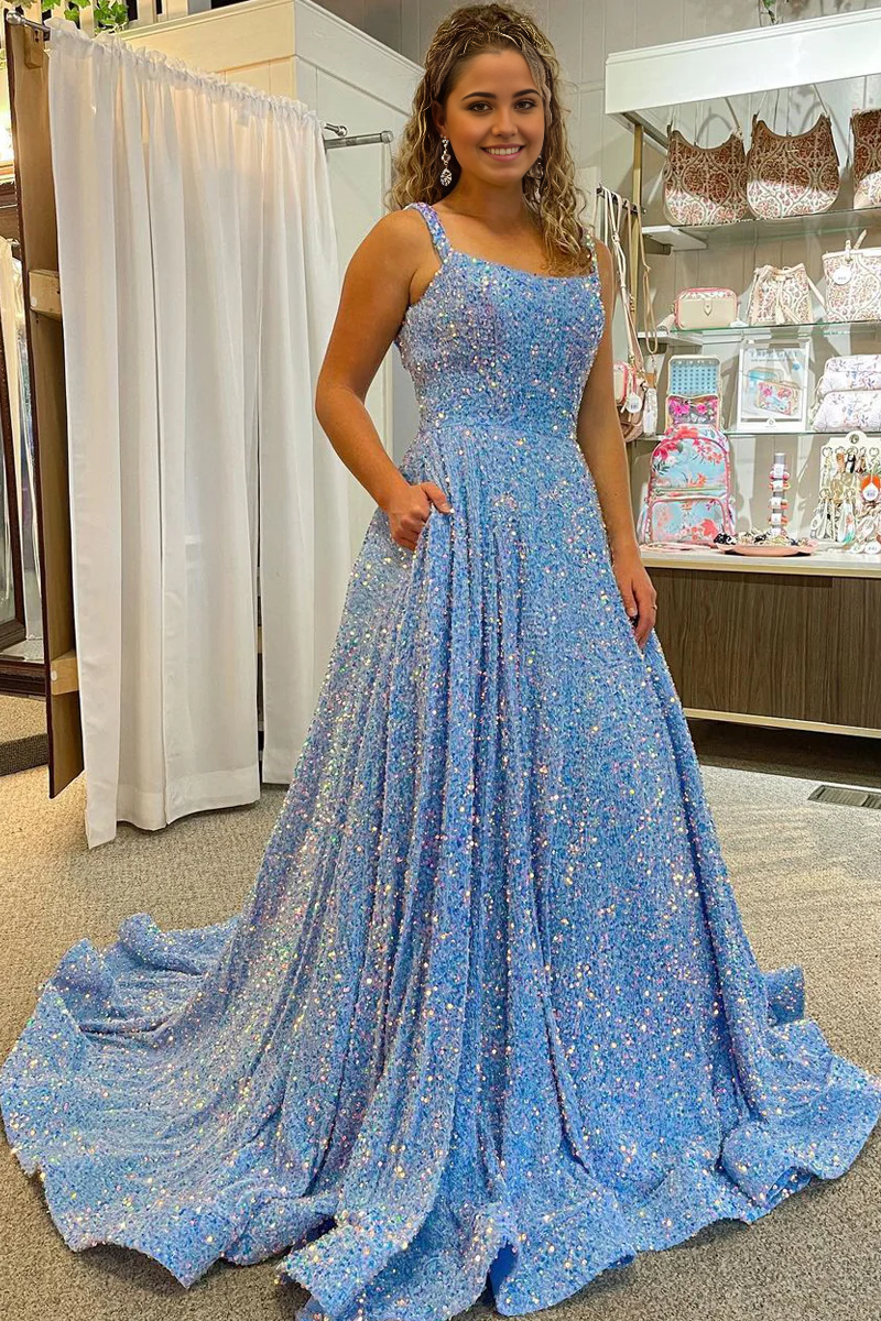 Sequins Cute Ball Gown Light Blue Velvet Prom Dresses with Pockets